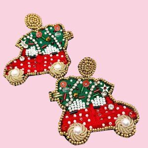 Beaded Rhinestone Car w/Christmas Tree Earrings